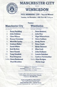 Manchester City v Wimbledon Full Members Cup 2nd Round 1986/87