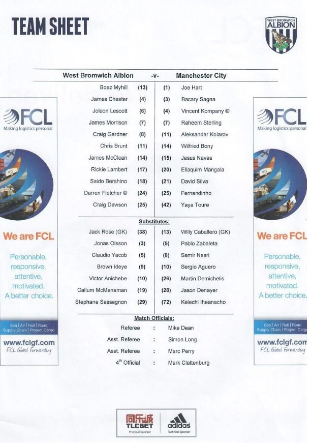 West Bromwich Albion v Manchester City 2015/16