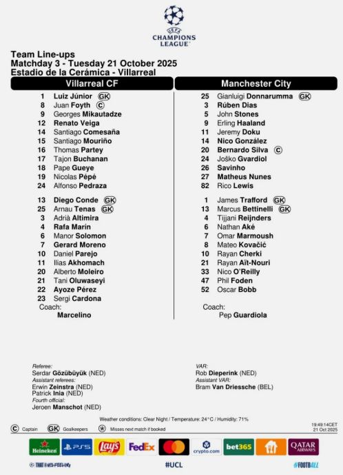 Villarreal v Manchester City UEFA Champions League - League stage match 3 2025/26