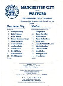 Manchester City v Watford Full Members Cup 3rd Round 1986/87